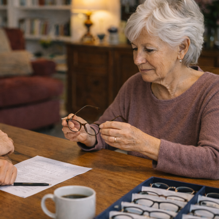 Femme âgée examinant des lunettes avec son opticien à domicile