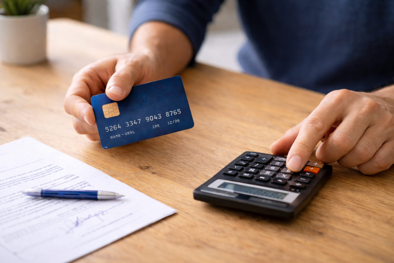 Une main tient une carte de crédit, l'autre utilise une calculatrice sur une table.