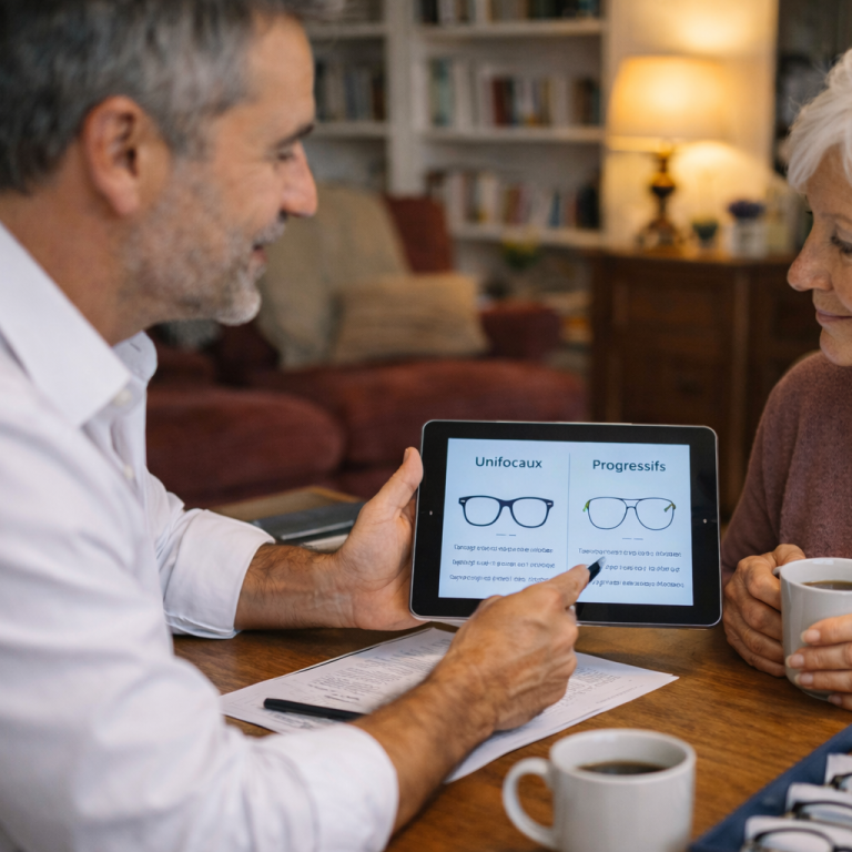 Un opticien à domicile montre à une femme âgée des verres progressifs 