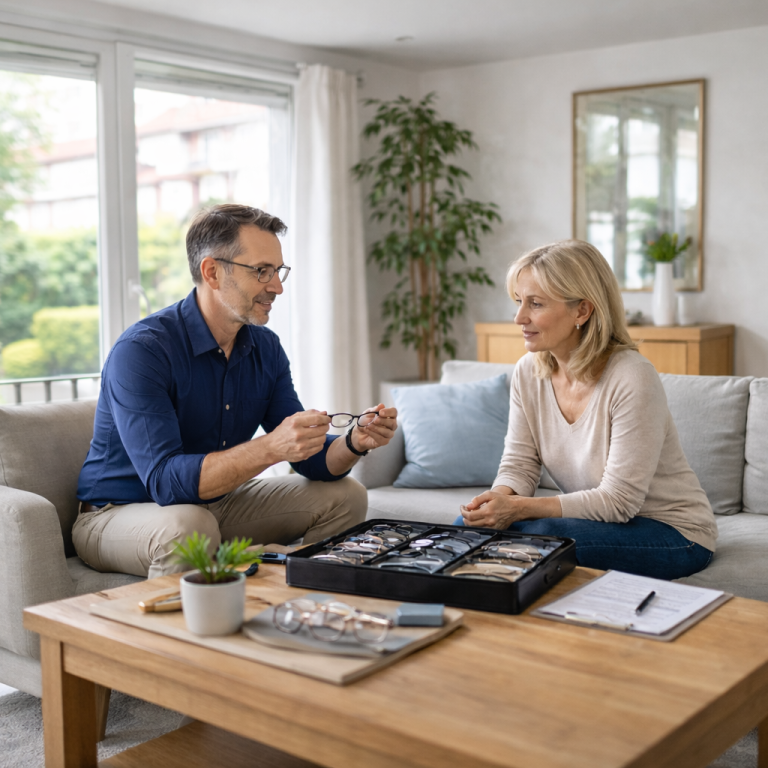 Un opticien à domicile presente des verres progressifs
