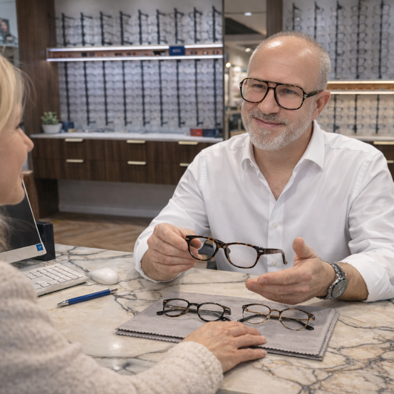 Opticien montrant des lunettes à une cliente dans un magasin.