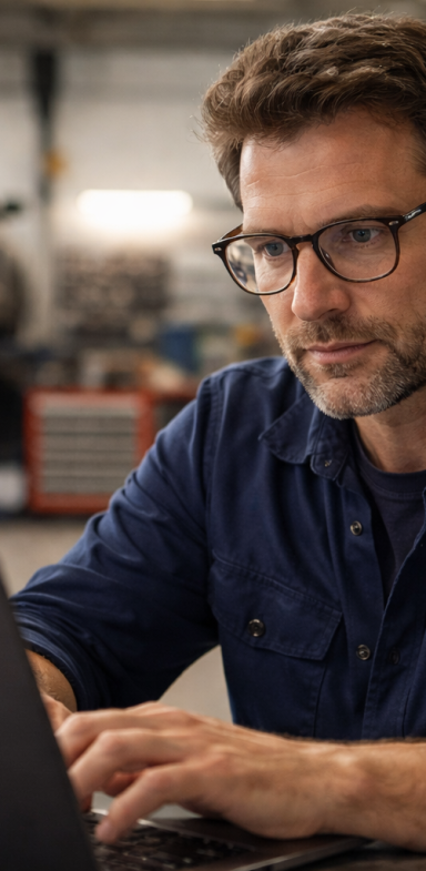 Homme concentré, portant des lunettes, travaillant sur un ordinateur portable dans un atelier.