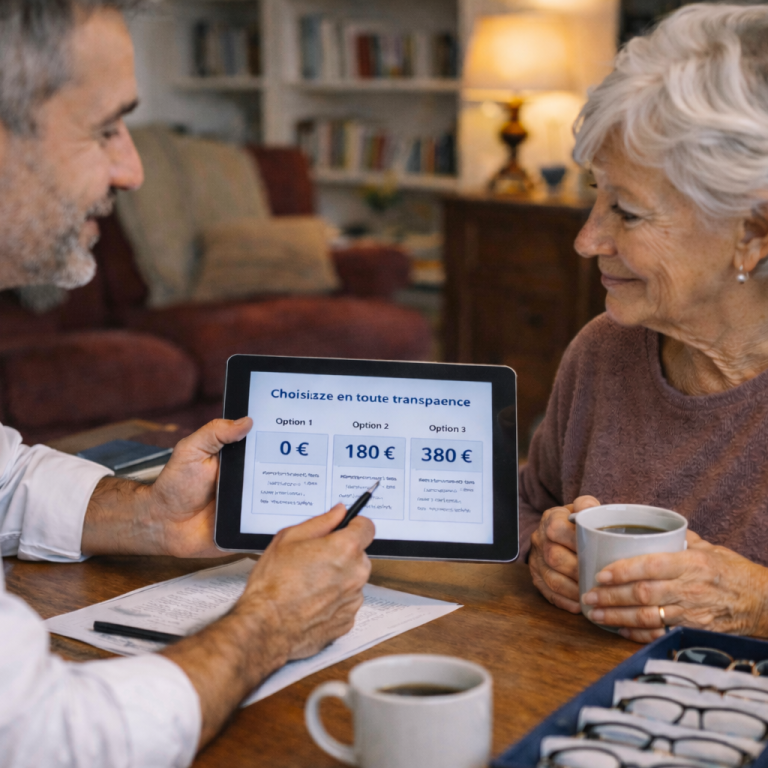 l'opticien à domicile respecte le budget de sa cliente lors d'une visite à domicile  