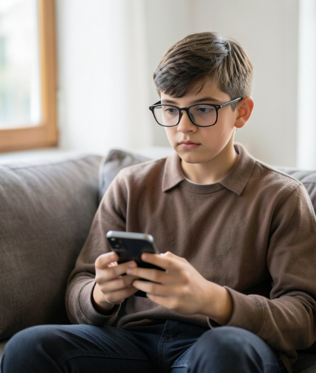 Un adolescent avec des lunettes utilise un smartphone sur un canapé.