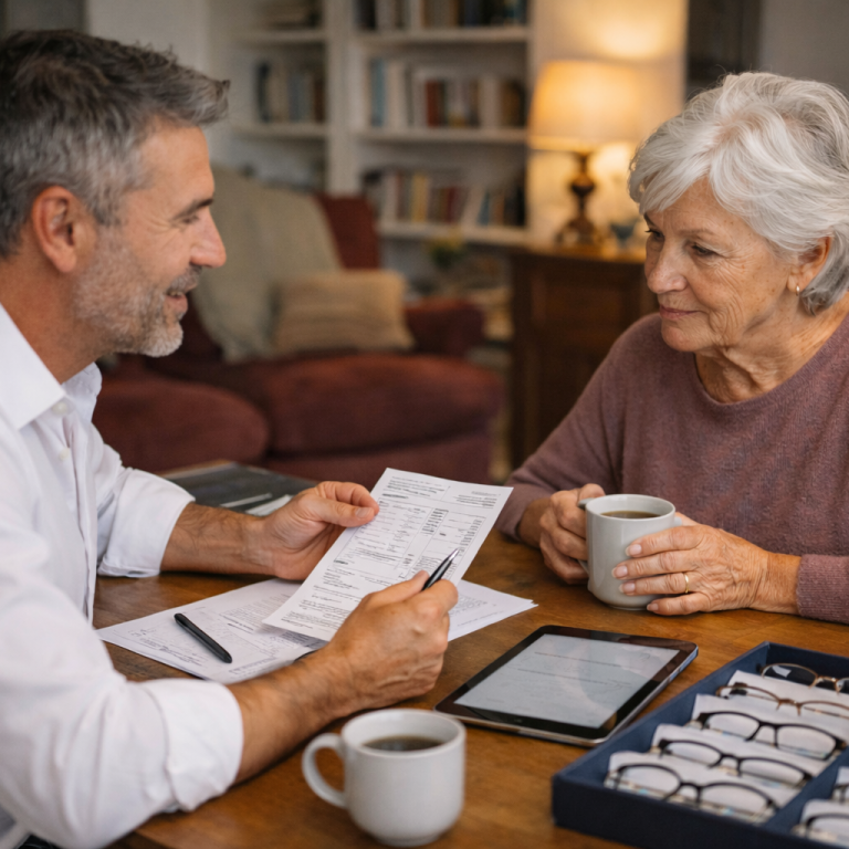 Un opticien à domicile et une femme âgée discutent des futures lunettes.