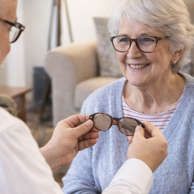 Opticien montrant des lunettes à une cliente dans un magasin.