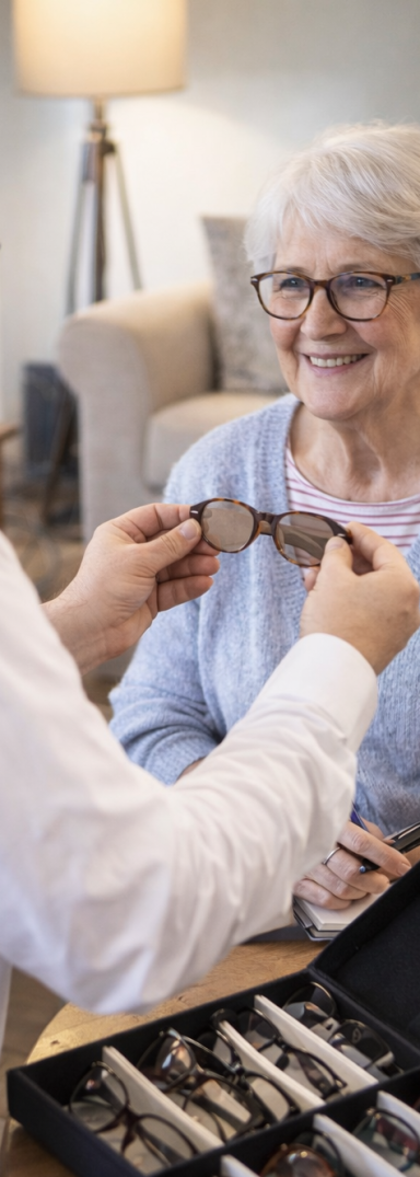 Un opticien à domicile montre des lunettes à une femme âgée, assise, dans un EHPAD