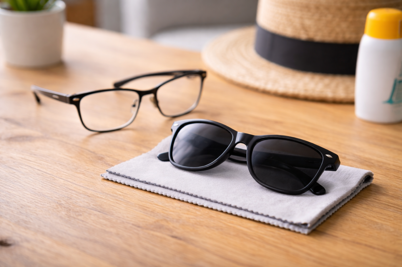 Lunettes de vue et lunettes de soleil posées sur un support en tissu, sur une table en bois.