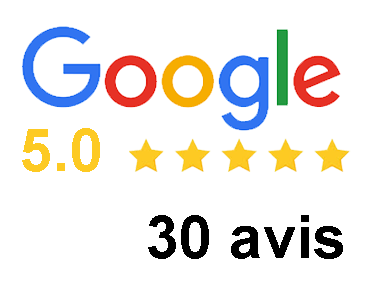 Logo Google avec une note de 5 étoiles et 30 avis.